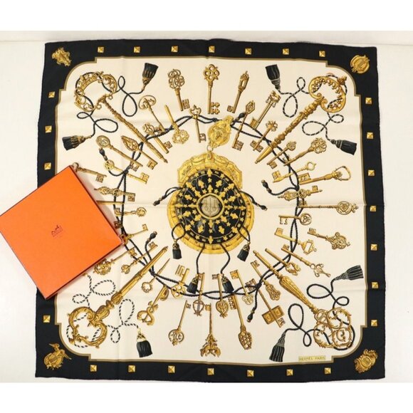 HERMES Silk Scarf Carre 90 Les Cles The Keys by Caty Latham Black White - Picture 1 of 5